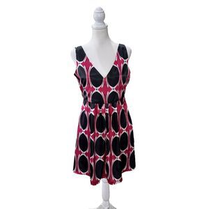 dBy Ltd Satin Mini Dress Fuchsia Black White Geometric V Neck Fit Flare 6 NWT